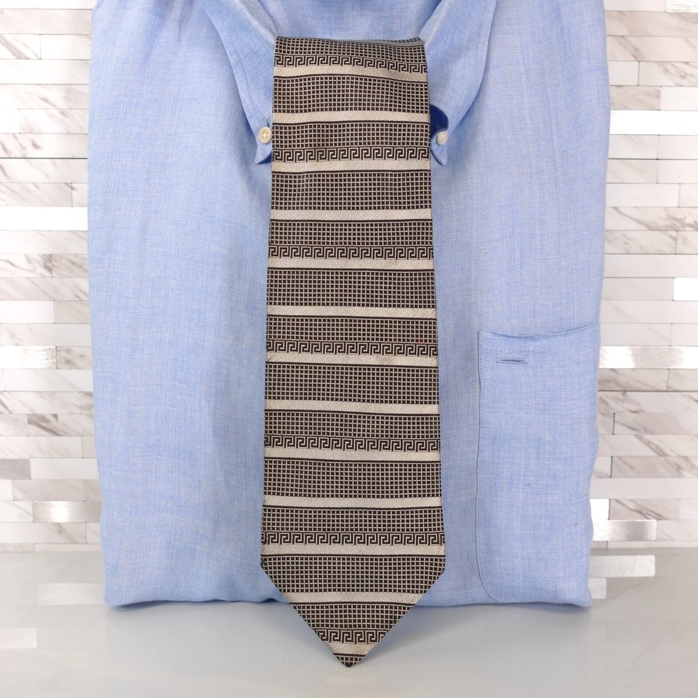 Versace Neck Tie Mens‎ Silver Black Striped Silk  Aztec Greek Metallic Italy